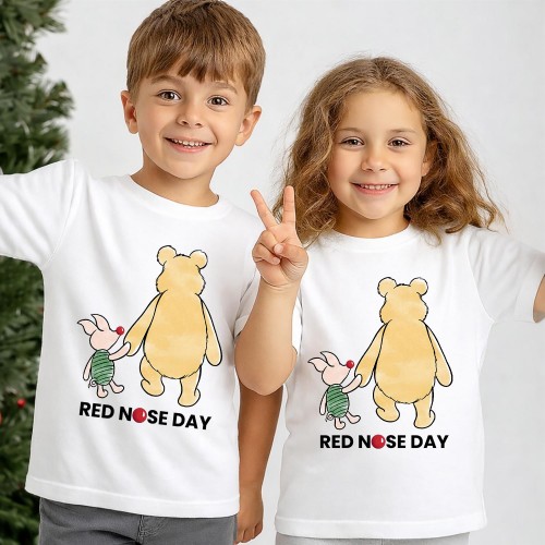 Disney Winnie the Pooh Red Nose Day T-Shirt, Pooh Bear & Friends Character Charity Clothing, Comic Relief T Shirt & Tops, Kids & Childrens Red Nose Day Tee