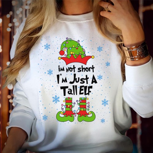 I'm Not Short I'm Just A Tall Elf Christmas Sweatshirt, Funny Matching Family Holiday Jumper, Cute Graphic Retro Crewneck Xmas Gift Winter Sweater