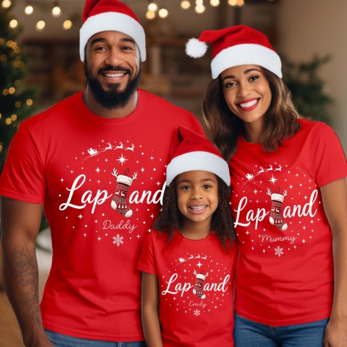 Personalised Lapland Adventure 2026 Family Matching T-Shirt, Custom Christmas Stocking Reindeer Antlers Flying Sleigh Holiday Trip Family Tops