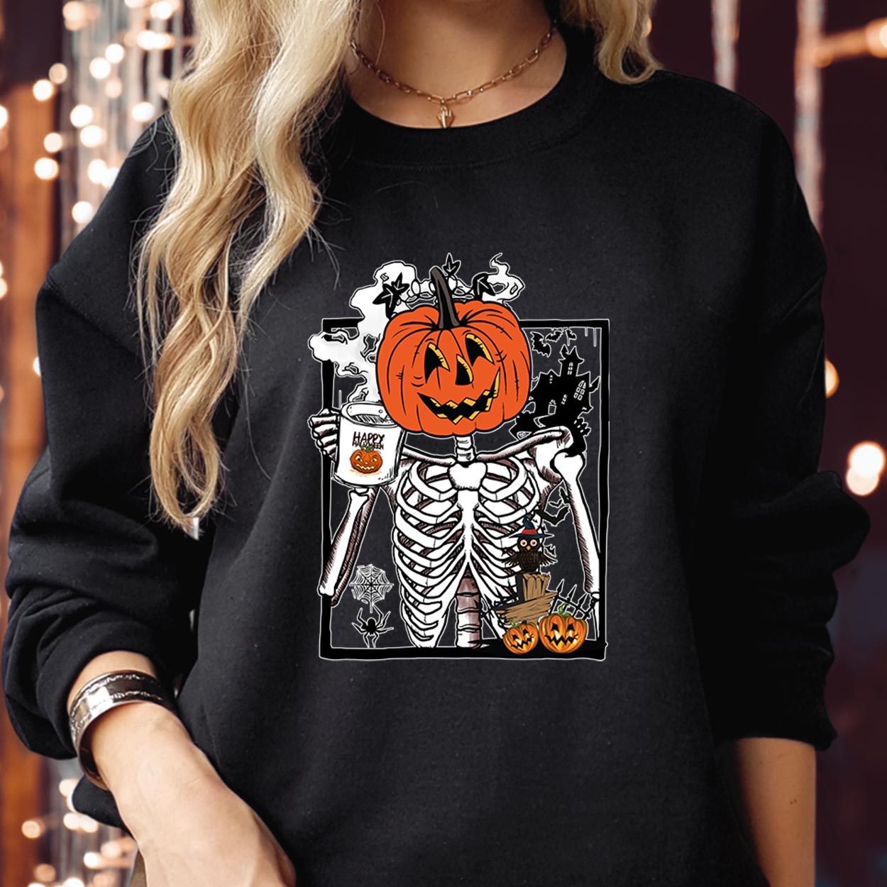 SWEATSHIRT (1847) Pumpkin Head Skeleton Drinking Coffee