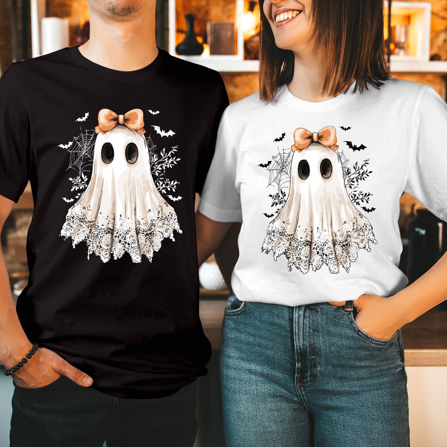 Cute Lace Ghost Shirt - Spooky Season Boo Ghost Bow Witch Thanksgiving Funny Tops for Men, Women & Ladies - Happy Halloween T-Shirt