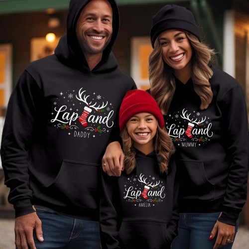 Personalised Lapland 2026 Family Matching Christmas Hoodie, Custom Stocking Reindeer Antlers Group Holiday Jackets, Men Women Kids Unisex Jumper