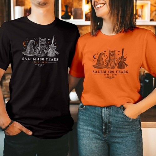 Salem 400 Years T-Shirt 1626-2026 Black Cat Witch Hat Broomstick Unisex Tee