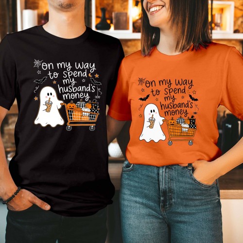 On My Way To Spend My Husband's Money T-Shirt, Ghost Shopping Halloween Tee, Funny Wife Spooky Season Top, Cute Pumpkin Cart Autumn Apparel