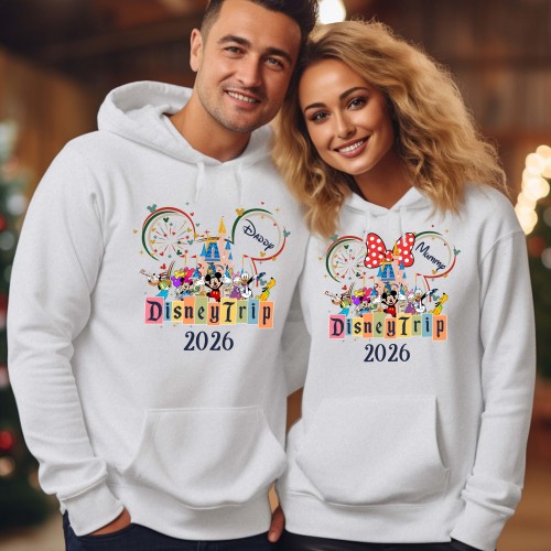 Personalised Disney Family Trip 2026 Hoodie, Summer Vacation Tops, Mickey Minnie & Friends Disneyland Tour Matching Hooded Jumper, Custom Family Holiday Jacket