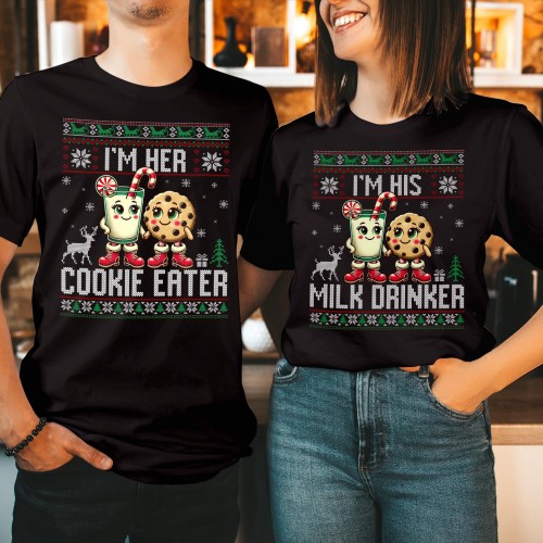 Funny Couples Christmas T Shirt, Im Her Cookie Eater Im His Milk Drinker Tee, Cute Ugly Sweater Style Matching Holiday Graphic Novelty Gift Top
