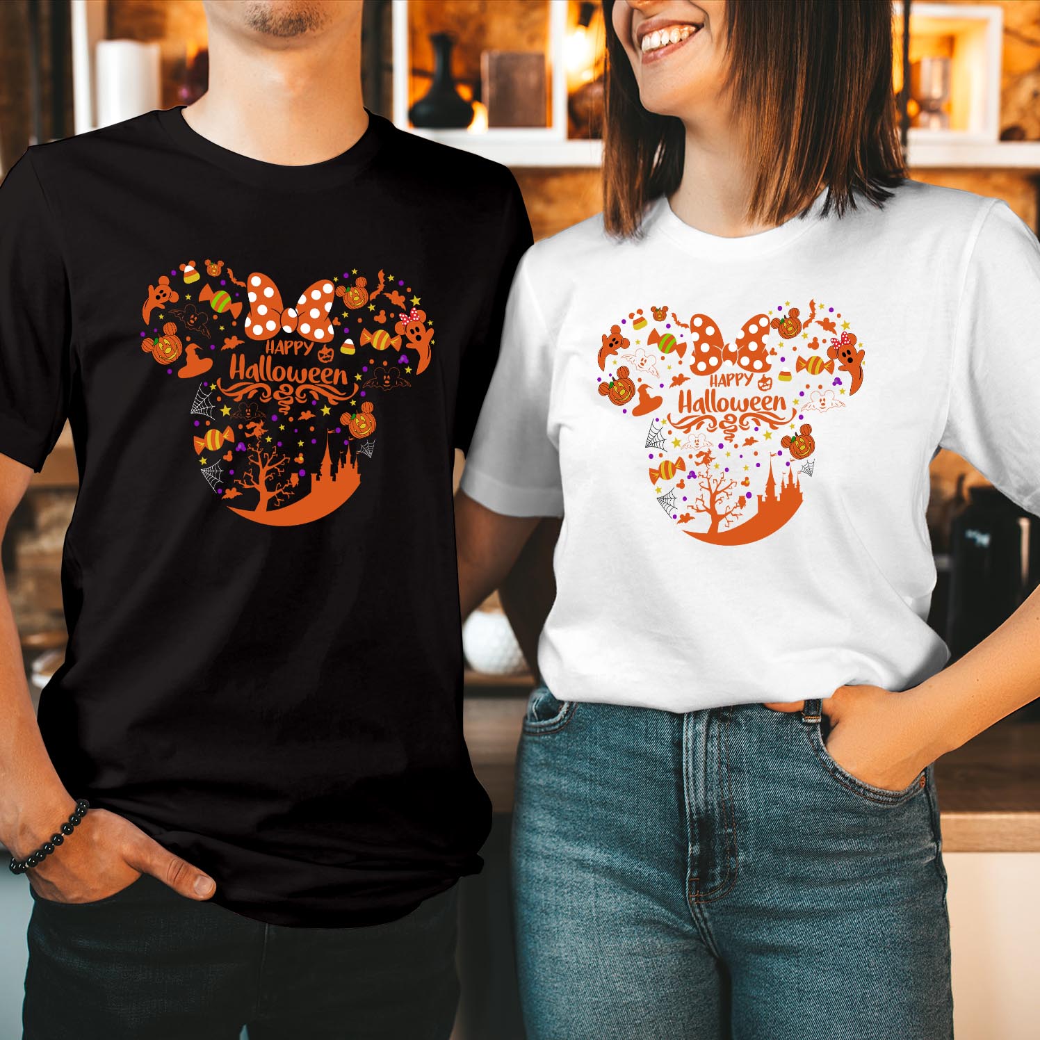 Happy Halloween Minnie Matching T-Shirt Spooky Fun Disney Inspired Halloween Couple Tees Mickey and Minnie Mouse Halloween Costume Shirt for Family & Friends T Shirt