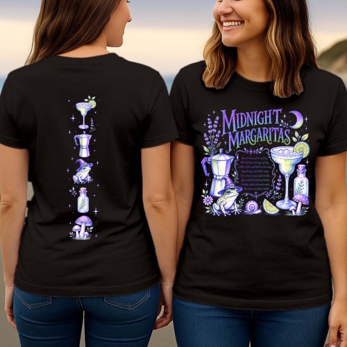 Midnight Margaritas T-Shirt, Front Back Print Midnight Margaritas Witchy Frog Cocktail Unisex Shirt
