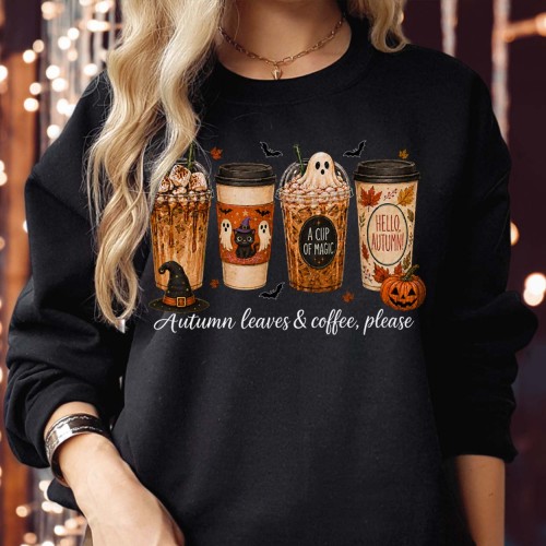 Autumn Leaves Coffee Please Sweatshirt Jumper, Pumpkin Spice Ghost Witch Hat Print, Halloween Iced Coffee Graphic, Cozy Autumn Harvest Barista Unisex Top