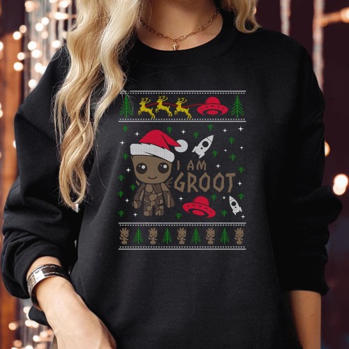 Funny I Am Groot Christmas Sweatshirt, Galaxy Hero Sci Fi Parody Jumper, Whimsical Faux Knit Matching Couples Family Holiday Gift Crewneck Sweater