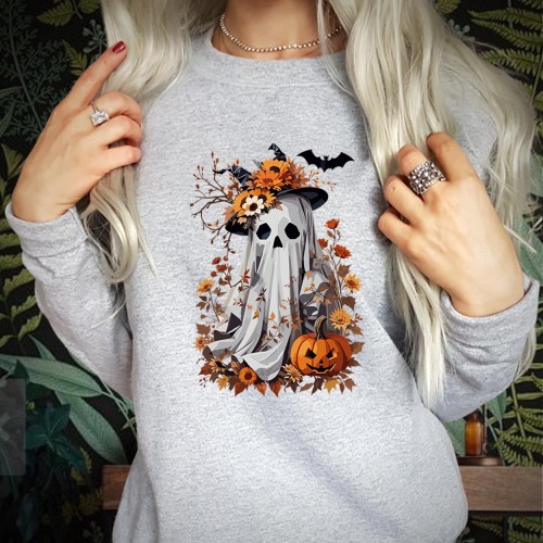 Halloween Ghost House Pumpkin Bat Patches Sweatshirt, Retro Spooky Floral Jumper, Vintage Cottagecore Pullover, Cozy Season Fall Crewneck Top