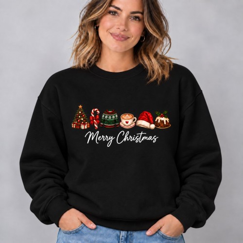 Merry Christmas Icons Pudding Coffee Tree Sweatshirt | Festive Womens Holiday Season Gift Xmas Jumper