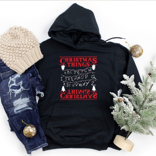 Christmas Stranger Things Lighting Hoodie, Funny Upside Down Tree Jumper, Cute Matching Family Outfits Winter Hoodie Alphabet Xmas Pullover