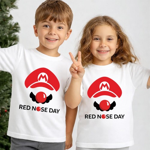 Super Mario Red Nose Day T-Shirt, Comic Relief T Shirt & Tops, Gaming Charity Clothing, Kids & Childrens Red Nose Day Mario Cap Tee