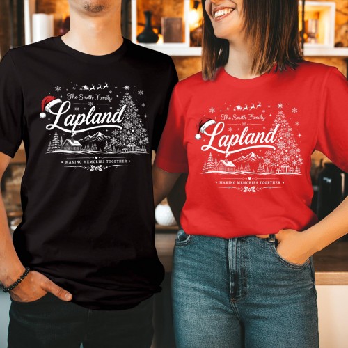 Personalised Lapland Family Christmas Shirt, Custom Santa Hat Christmas Tree Cabin Landscape Matching Holiday Trip Xmas T-Shirts