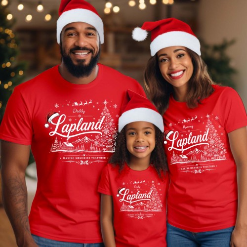 Personalised Lapland Family Christmas Shirt, Custom Santa Hat Christmas Tree Cabin Landscape Matching Holiday Trip Xmas T-Shirts