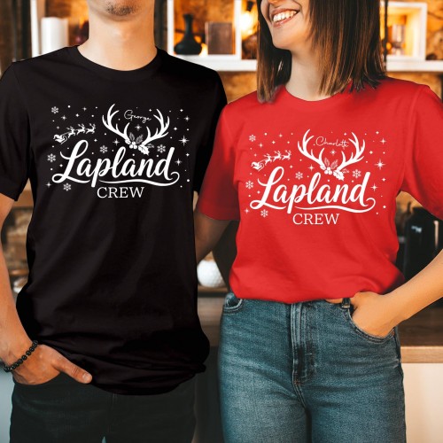 Personalised Lapland Crew Family Matching Christmas Shirt, Custom White Cursive Reindeer Antlers Holly Flying Sleigh Holiday Trip Xmas T-Shirts