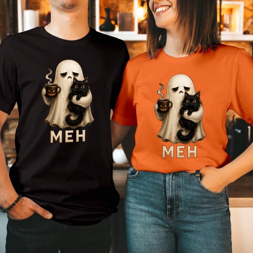 Ghost Holding Black Cat T-Shirt, Meh Coffee Mug Halloween Shirt, Unbothered Apathetic Ghost Graphic Tee, Spooky Cute Coffee Lover Autumn Top