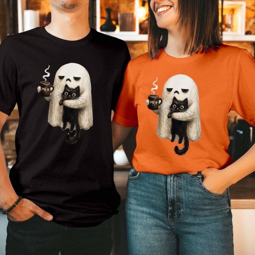 Ghost Holding Black Cat T-Shirt, Meh Coffee Mug Halloween Shirt, Unbothered Apathetic Ghost Graphic Tee, Spooky Cute Coffee Lover Autumn Top