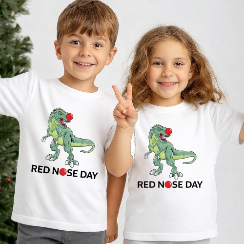 T-Rex Dinosaur Red Nose Day T Shirt, Official Comic Relief T-Shirt & Tops, Funny Dino Charity Clothing, Kids & Childrens Red Nose Day Tee