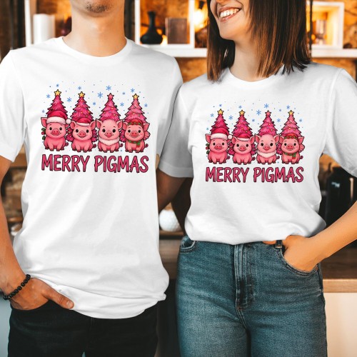 Merry Pigmas Christmas T Shirt, Xmas Pink Pig Farm Animal Holiday Graphic Tee, Matching Family Couples Winter Tops Secret Santa Costume Gift