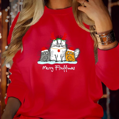 Merry Fluffmas Christmas Sweatshirt, Funny Cat Lover Holiday Jumper, Cute Fluffy Kitten Graphic Crewneck Sweater Men Women Kids Pet Owner Gift