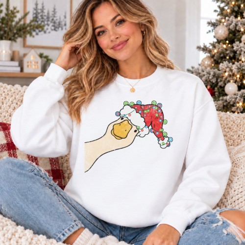 Cute Goose Santa Hat Lights Christmas Sweatshirt | Funny Goose Duck Lover Xmas Jumper