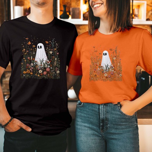 Ghost In Wildflower Meadow T-Shirt Embroidered Look Floral Cottagecore Unisex Halloween Celebrations Men Women Kids Unisex Gift T Shirt