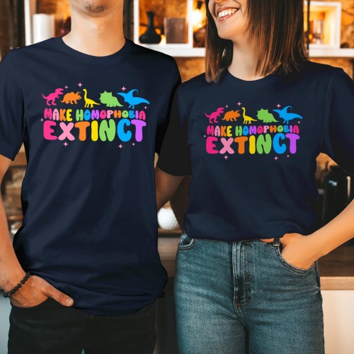 Make Homophobia Extinct Shirt, Pride Dinosaur LGBTQ+ T-Shirt, Funny Gay Pride Shirts & Pride Clothing, Rainbow Dino LGBTQ Tops