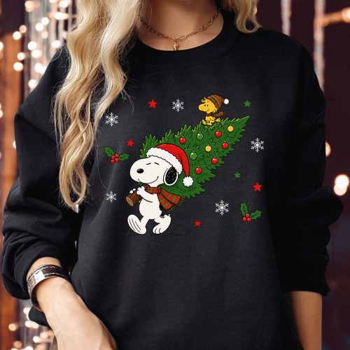 Snoopy Christmas Jumper, Woodstock Carrying Tree Xmas Sweatshirt, Cute Peanuts Holiday Sweater, Winter Pine Tree UK Gift Pajamas