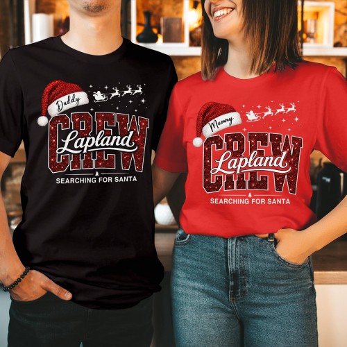 Personalised Lapland Crew Family Matching Christmas Shirt, Custom Red Glitter Print Block Lettering Santa Holiday Xmas T-Shirts