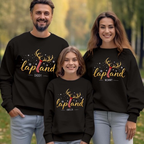 Personalised Lapland 2026 Family Matching Christmas Sweatshirt, Custom Gold Glitter Print Reindeer Antlers Scarf Holiday Jumpers, Men Women Kids Unisex Sweater