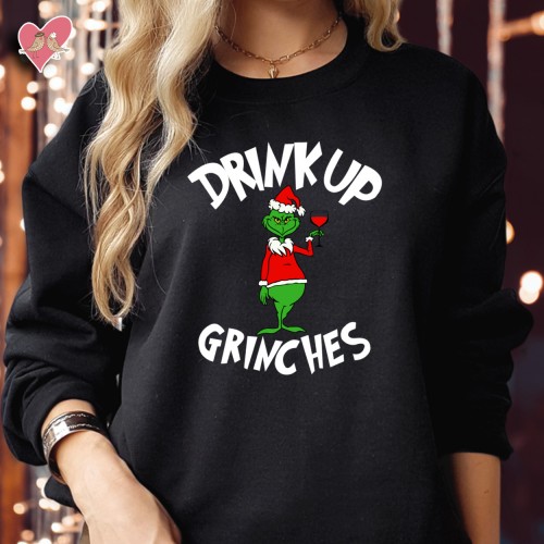 Funny Drink Up Grinches Christmas Sweatshirt, Grumpy Green Monster Wine Graphic Pullover, Retro Santa Hat Holiday Xmas Party Novelty Crewneck Gift