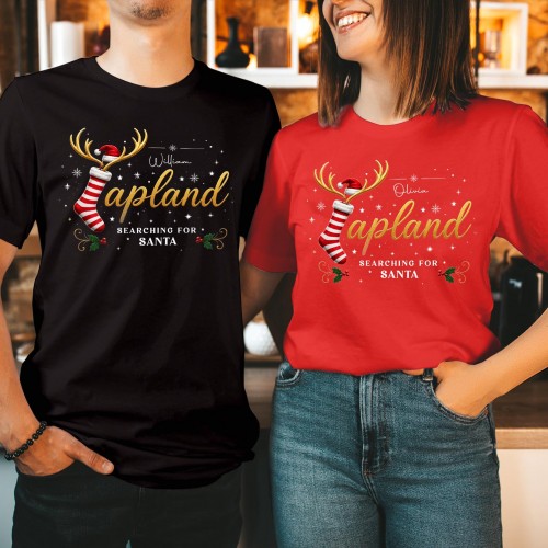 Personalised Lapland 2026 Family Matching Christmas T-Shirt, Custom Stocking Gold Reindeer Antlers Santa Hat Searching For Santa Holiday Trip Tops