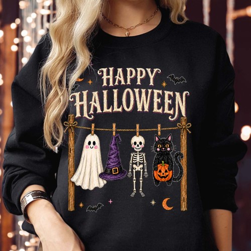 Happy Halloween Clothesline Sweatshirt | Ghost Witch Hat & Cat Jumper