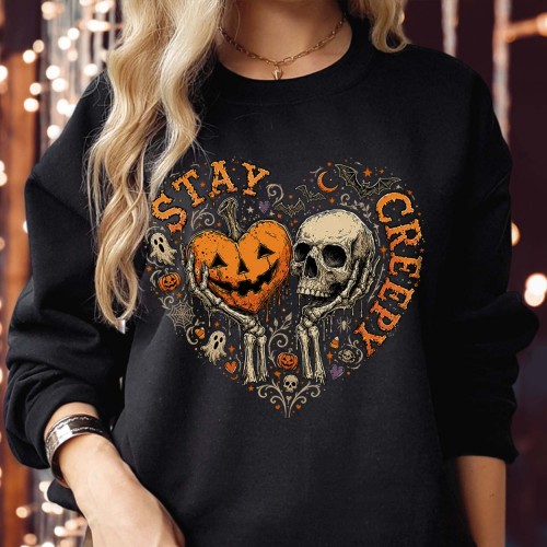 Stay Creepy Halloween Sweatshirt | Skeleton Heart & Skull Spooky Jumper