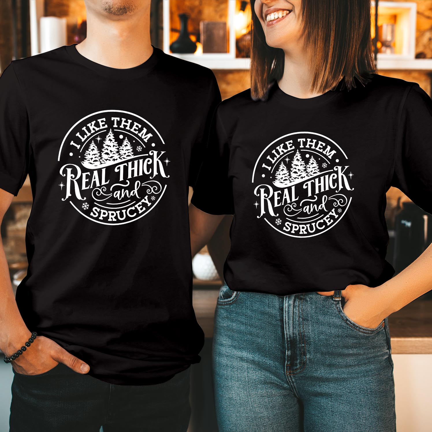 I Like Them Real Thick and Sprucey Shirt, Funny Christmas Pun Tee, Tree Lover Holiday Gift, Xmas Party Humor Top T-Shirt