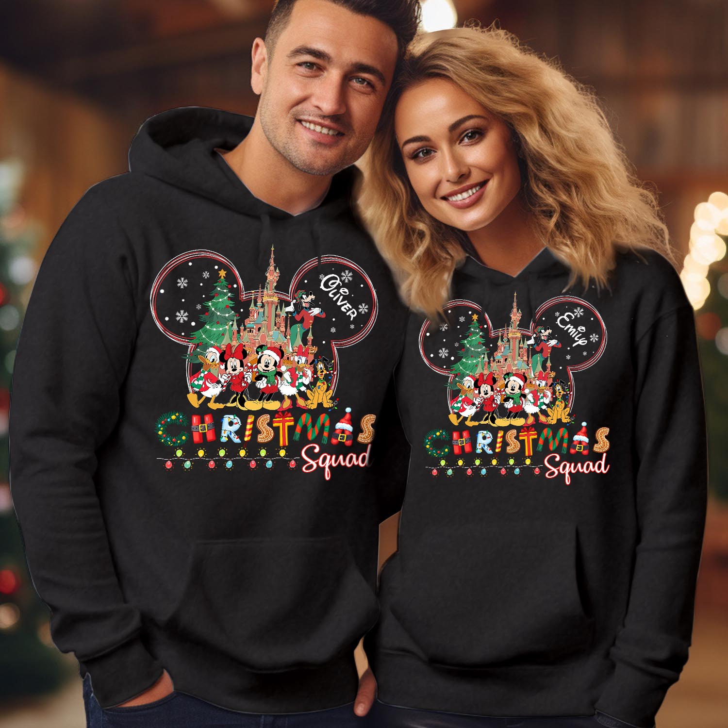 Personalised Christmas Squad Hoodie Custom Family Castle Trip Pullover Matching Mouse Friends Holiday Jumper Disney Vacation Hoody