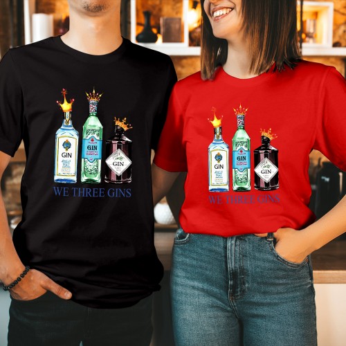 We Three Gins Christmas T Shirt, Funny Alcohol Drinking Graphic Tee, Cute Three Kings Cocktail Tops, Matching Couples Xmas Gift Ideas Present