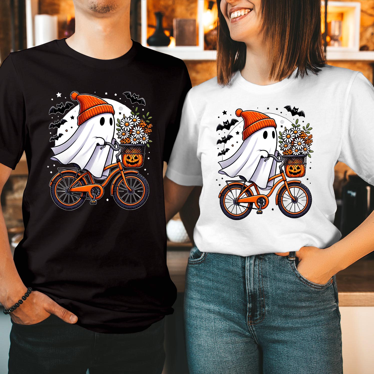 Cute Ghost Riding Bicycle T-Shirt – Spooky Season Boo Ghost Witch Thanksgiving Pumpkin – Funny Girls and Ladies Tops for Halloween