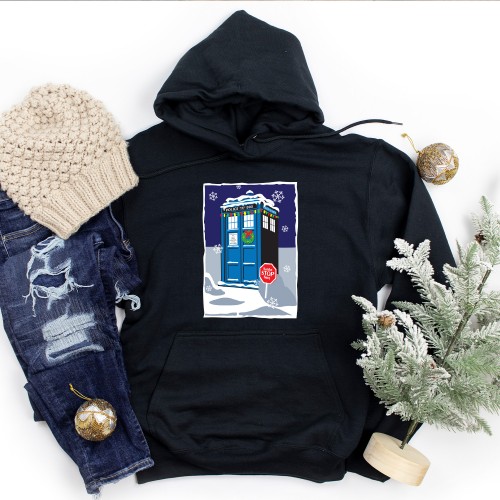Santa Stop Here Dr Who Police Box Christmas Hoodie, Funny Sci-Fi Time Travel Jumper, Cute Matching Family Outfits Winter Graphic Xmas Sweatshirt