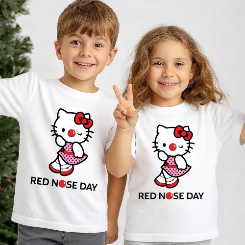 Kids Red Nose Day T-Shirt, Hello Kitty Cartoon White Tee, Official Comic Relief T Shirt & Tops, Childrens Charity Clothing