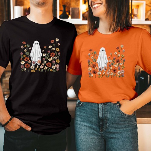 Ghost In Wildflower Meadow T-Shirt Botanical Cottagecore Halloween Tee Men Women Kids Unisex T Shirt