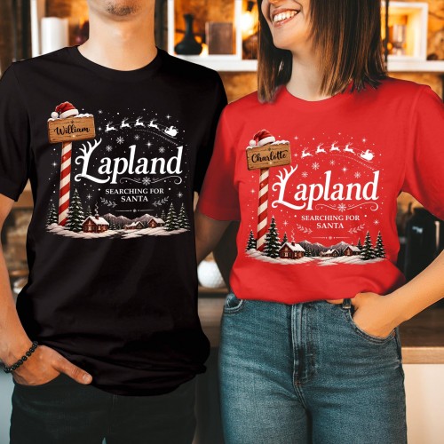 Personalised Lapland 2026 Family Matching Christmas T-Shirt, Custom Candy Cane Pole Wooden Signpost Flying Sleigh Village Holiday Trip Tops