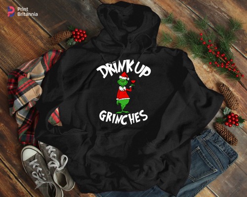 Drink Up Grinches Christmas Hoodie, Funny Mean Green Guy Holiday Jumper, Wine Lover Matching Family Outfits Winter Graphic Xmas Pullover