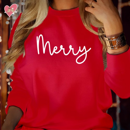 Merry Christmas Sweatshirt, Cute Cursive Script Holiday Jumper, Minimalist Dark Red Graphic Crewneck Pullover Family Matching Secret Santa Gift