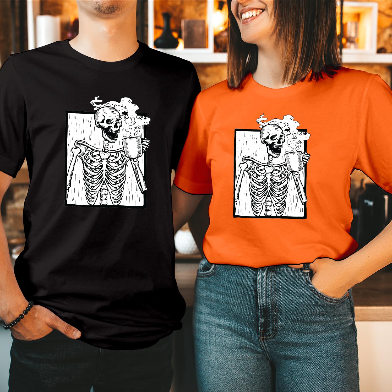 Skeleton Drinking Coffee Halloween T-Shirt Spooky and Festive Tee with Skeleton Drinking Coffee Perfect for Coffee Lovers Comfortable Halloween Apparel T Shirt