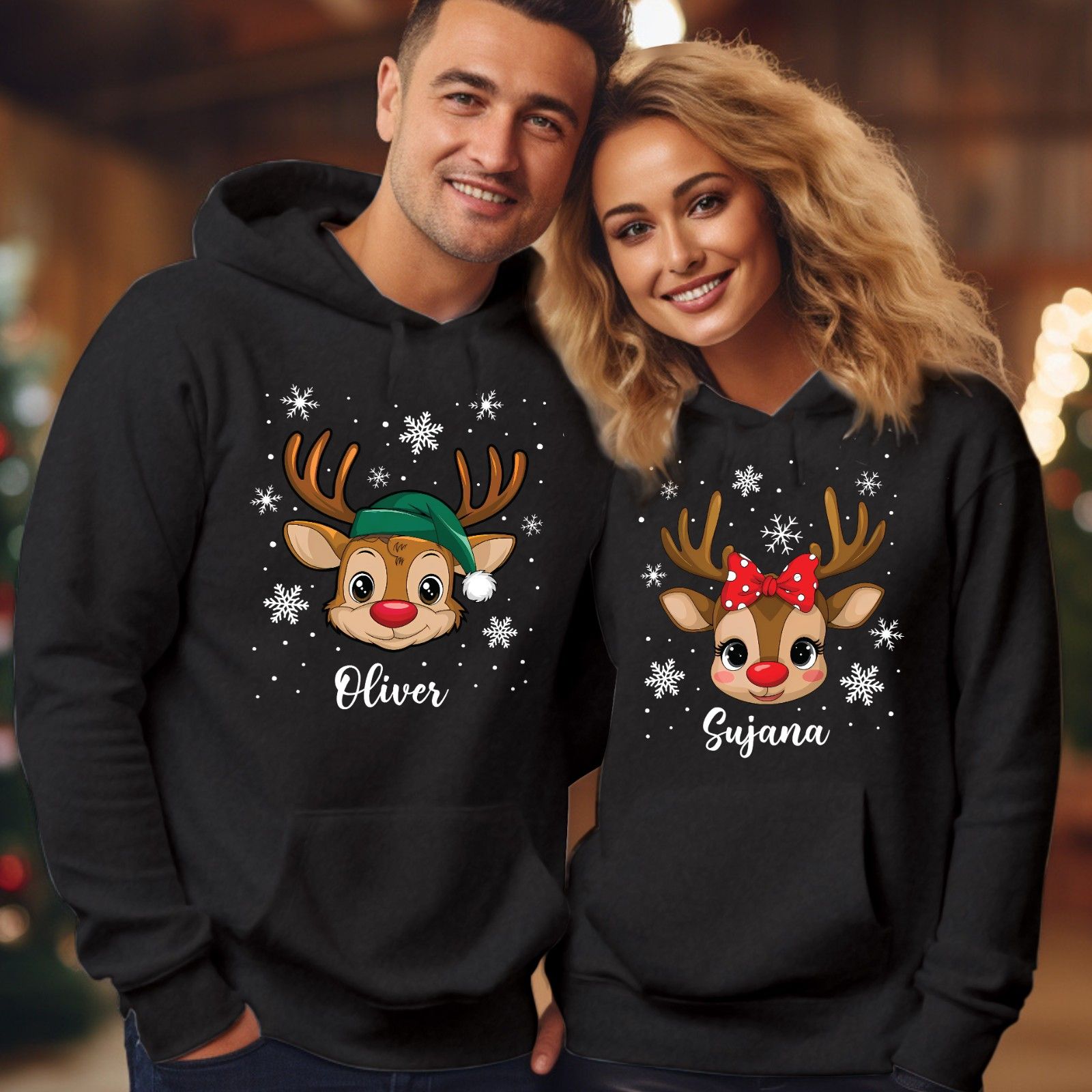 Personalised Reindeer Family Matching Christmas Hoodie, Custom Name Holiday Outfit Sweatshirt, Funny Xmas Group Pullover Gift Top Hoodie