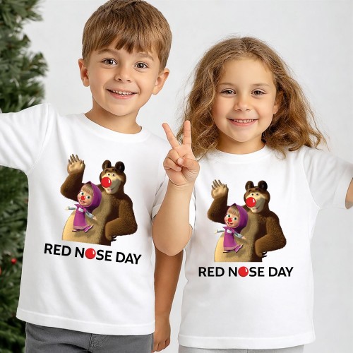 Masha and the Bear Red Nose Day T Shirt, Official Comic Relief T-Shirt & Tops, Funny Character Charity Clothing, Kids & Childrens Red Nose Day Tee