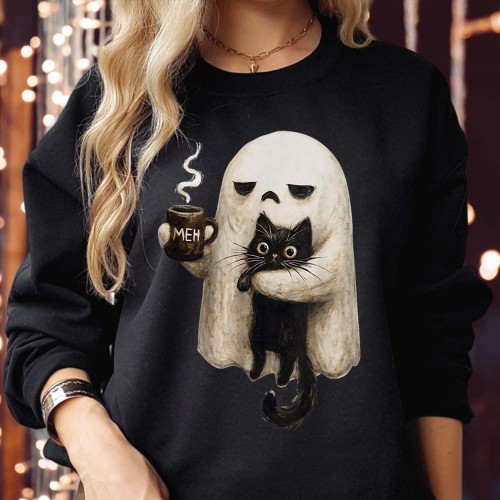 Apathetic Ghost & Black Cat Halloween Sweatshirt | Meh Coffee Jumper